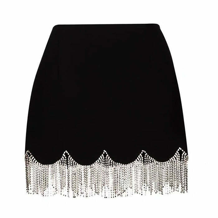 Midnight Rhinestone Fringe Skirt - Y2K Grunge Fashion for Trendy Outfits & Styles