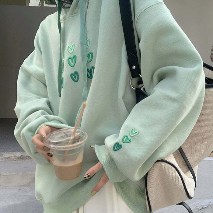 Mint Aesthetic Heart Hoodie - Edgy Y2K Grunge Fashion for Hip Hop & Harajuku Styles