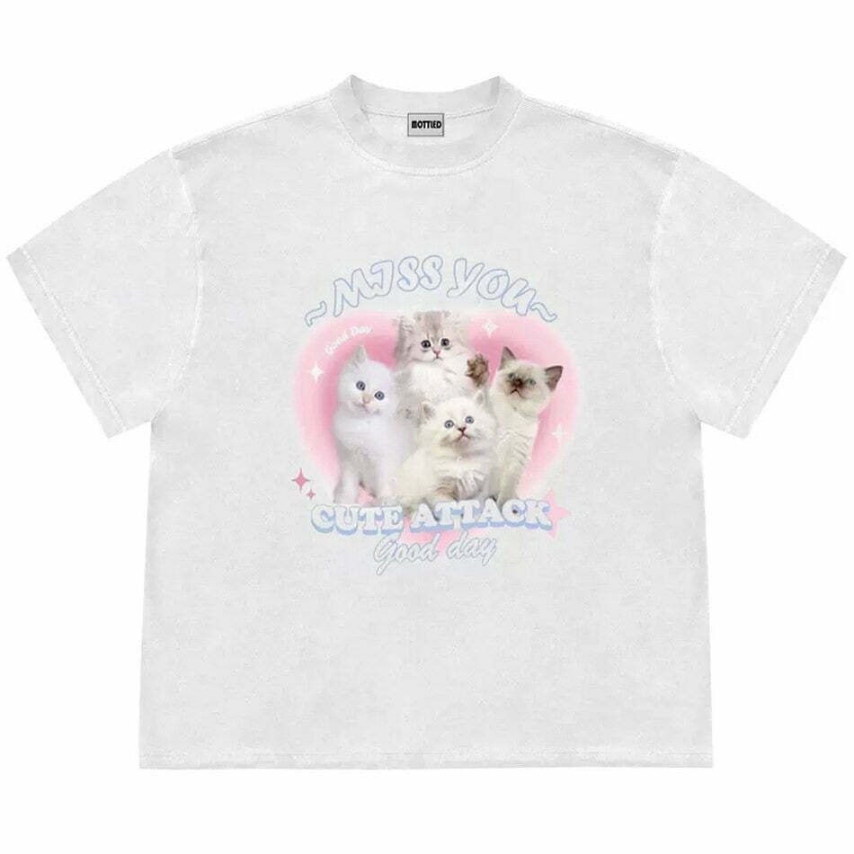 Miss You Cat Attack T-Shirt - Trendy Y2K Fashion for Cat Lovers and Grunge Enthusiasts