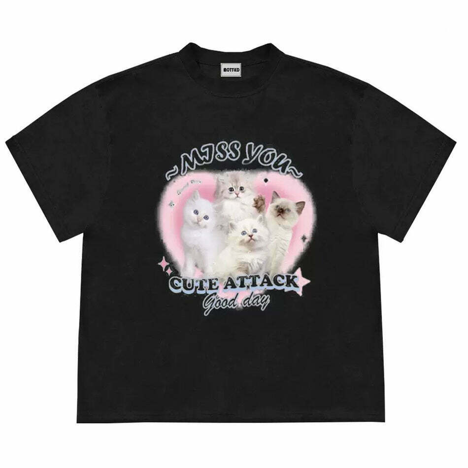 Miss You Cat Attack T-Shirt - Trendy Y2K Fashion for Cat Lovers and Grunge Enthusiasts