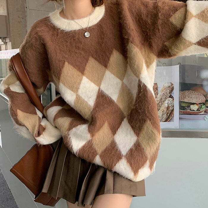 Mocha Fuzzy Argyle Sweater - Trendy Y2K Fashion for Baggy Style Lovers and Runway Looks