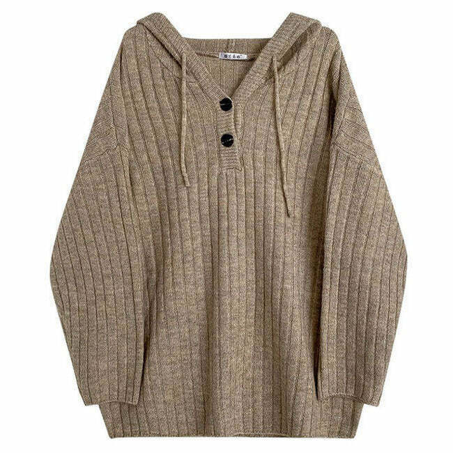 Mocha Knit Button Up Hoodie for Y2K Style: Trendy Grunge & Tomboy Fashion Essential