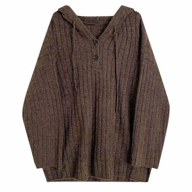 Mocha Knit Button Up Hoodie for Y2K Style: Trendy Grunge & Tomboy Fashion Essential