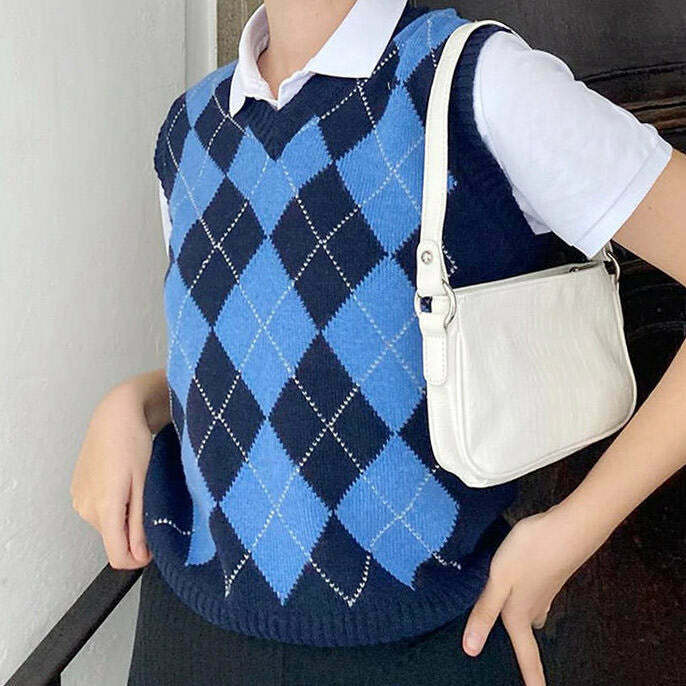 Navy Blue Argyle Vest for Y2K Comfy Outfits - Trendy Spring Fashion Inspired by 2000s Style