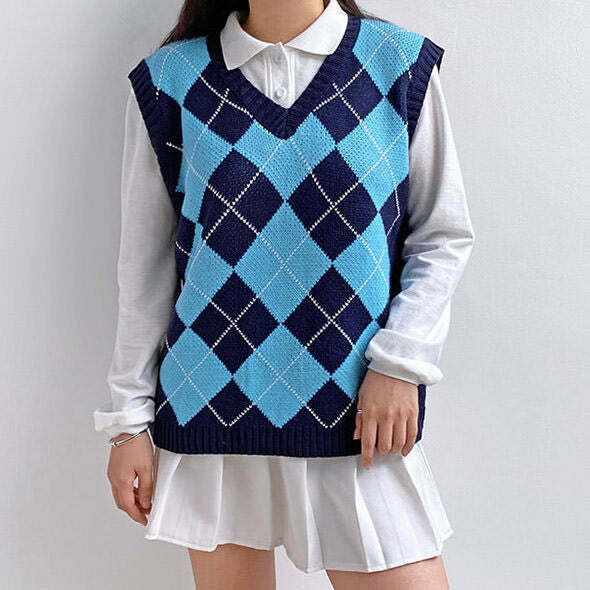 Navy Blue Argyle Vest for Y2K Comfy Outfits - Trendy Spring Fashion Inspired by 2000s Style