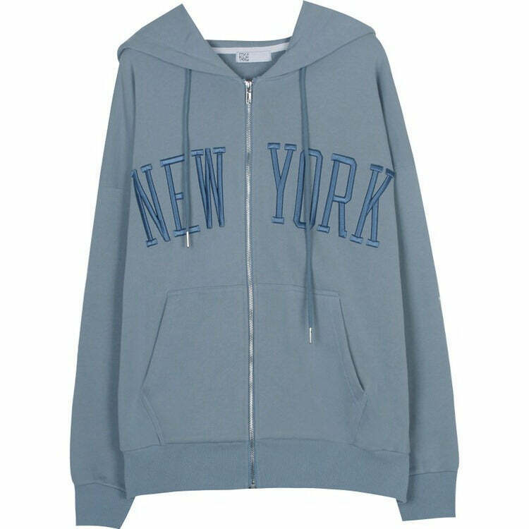 New York Embroidery Zip-Up Hoodie - Y2K Fashion Inspired, Emo & Club Style