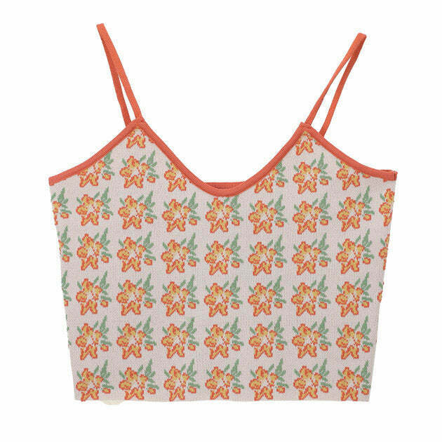 Orange Flower Knit Tank - Trendy Y2K Clothing for a Retro Grunge Style Revival