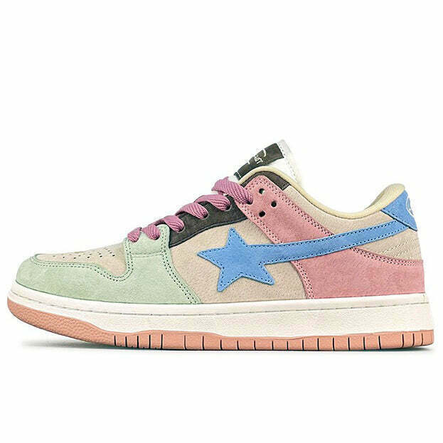 Pastel Color Block Star Sneakers - Trendy Y2K Fashion Footwear for Retro Style Lovers