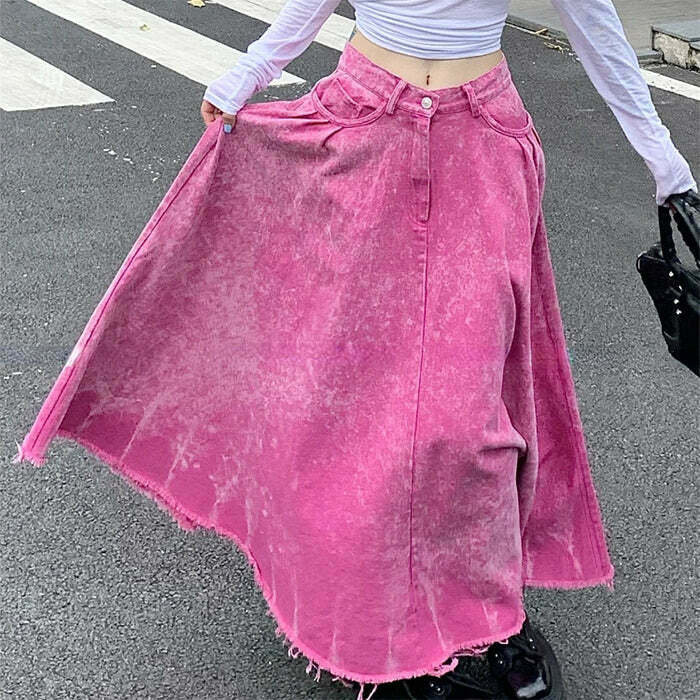 Pink Distressed Denim Maxi Skirt - Y2K Grunge Fashion for Trendy Vintage Outfits