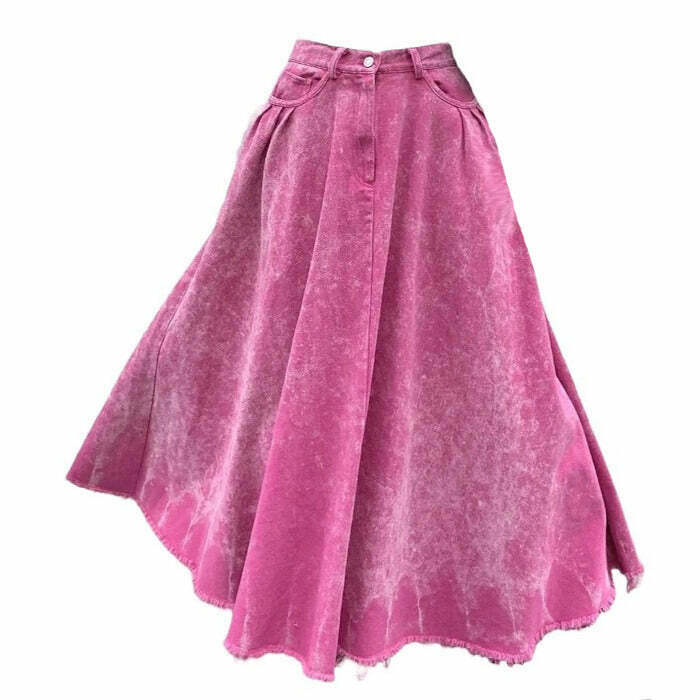 Pink Distressed Denim Maxi Skirt - Y2K Grunge Fashion for Trendy Vintage Outfits