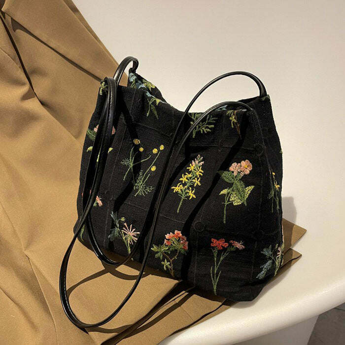 Plant Mom Aesthetic Flower Embroidery Bag - Trendy Y2K Style Tote for Fashion Lovers