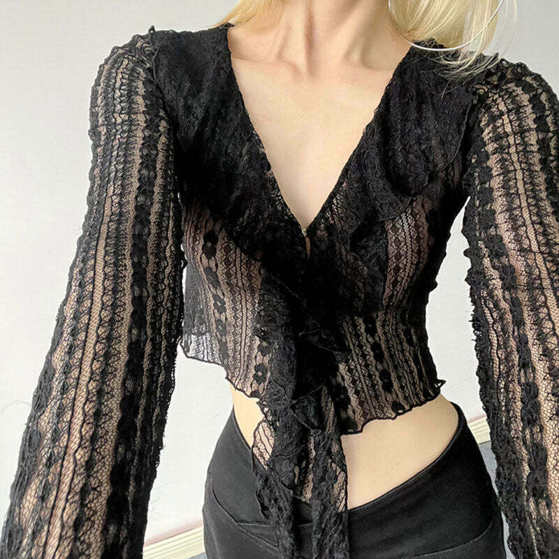 Portrait Mode Ruffle Lace Top - Y2K Grunge Fashion for a Retro Chic Look