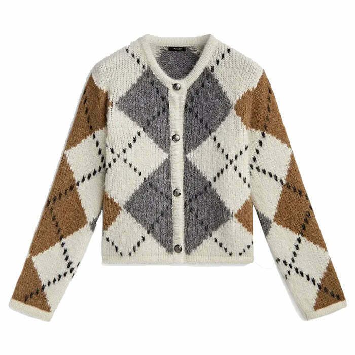 Preppy Aesthetic Argyle Cardigan for Y2K Fashion Lovers - Trendy Grunge Style Essential