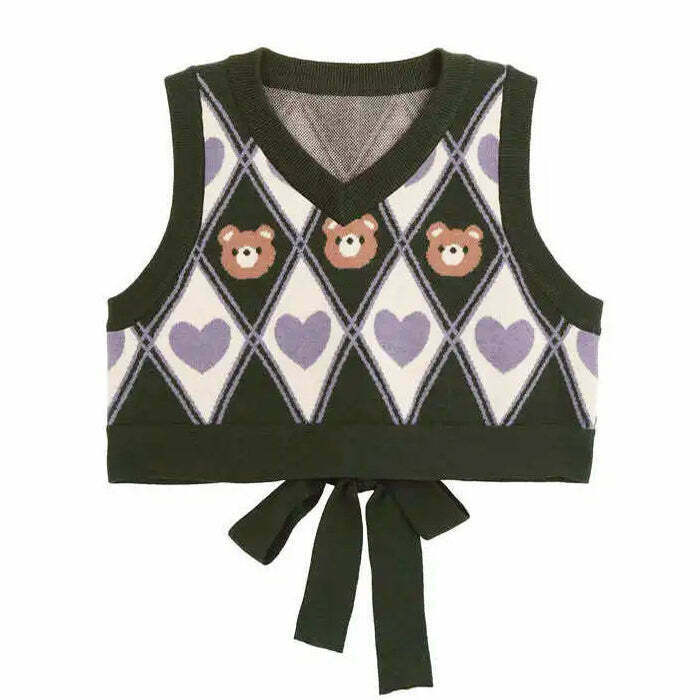 Preppy Bear Argyle Crop Vest - Trendy Y2K Fashion for Stylish Outfits in 2024