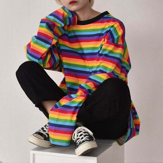 Rainbow Extra Long Sleeve Tee - Y2K Grunge Style Shirt for Trendy Party Outfits