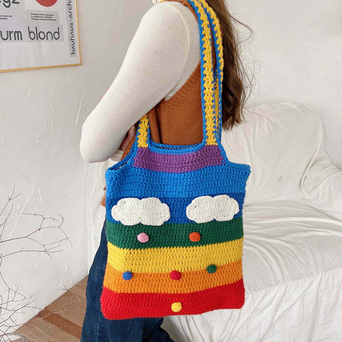 Rainbow Knitted Tote Bag - Trendy Y2K Fashion Accessory for Stylish Outfits & Gacha Looks