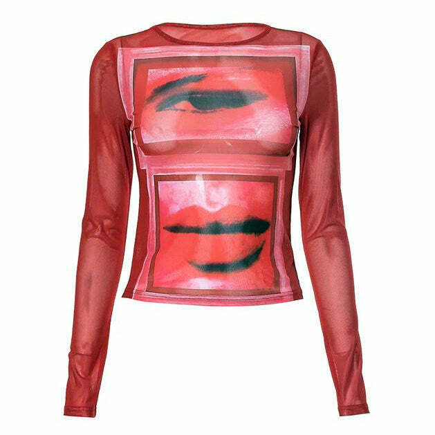 Red Eye & Lips Print Mesh Top - Trendy Y2K Style for Modern Fashion Enthusiasts