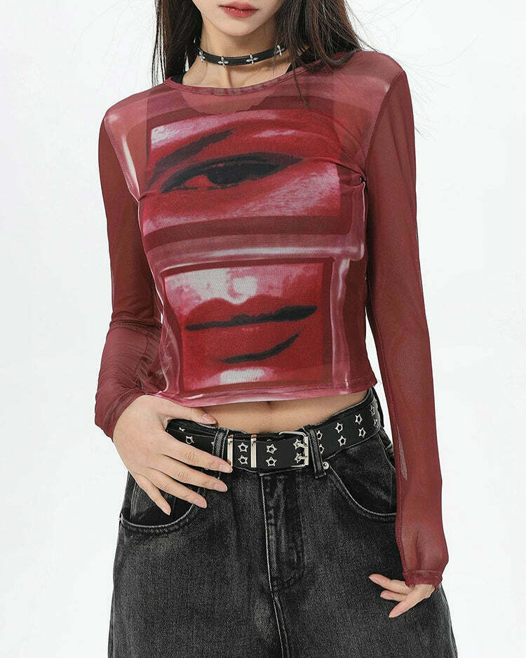 Red Eye & Lips Print Mesh Top - Trendy Y2K Style for Modern Fashion Enthusiasts