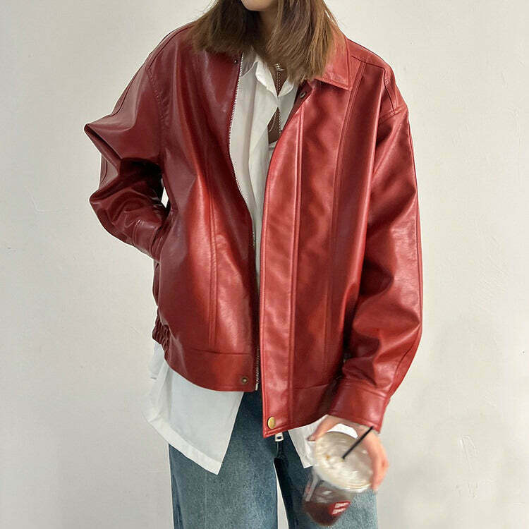 Red Grunge Leather Jacket - Y2K Inspired Fashion for Trendy Outfits and Hoodies