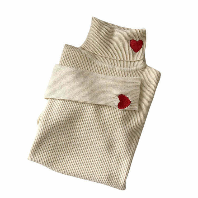 Red Heart Embroidery Turtleneck Jumper - Trendy Y2K Style for Hip Hop & Grunge Outfits