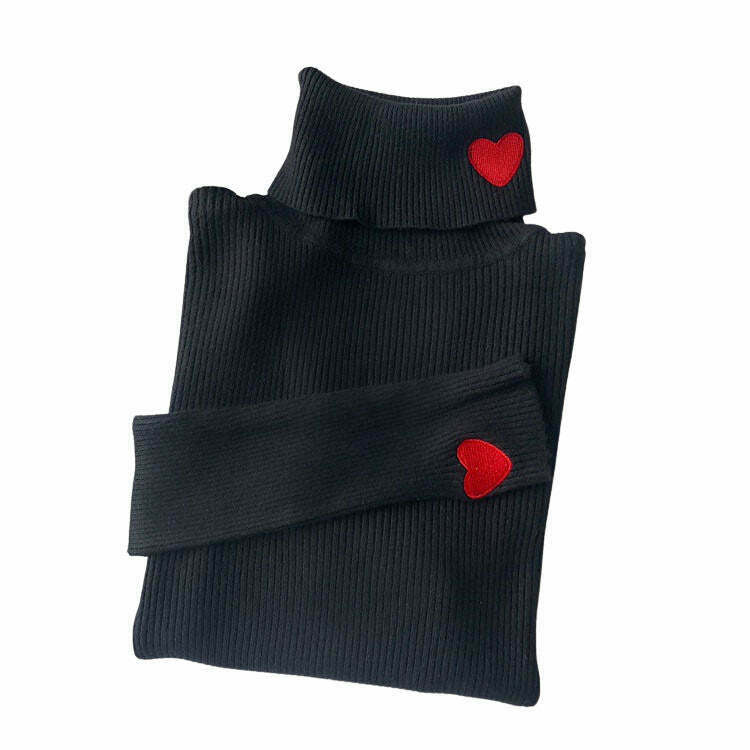 Red Heart Embroidery Turtleneck Jumper - Trendy Y2K Style for Hip Hop & Grunge Outfits