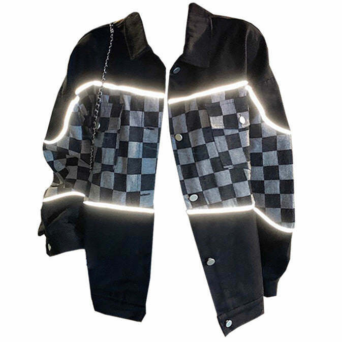 Reflective Checker Jacket - Y2K Grunge & Gothic Style for Trendy Night Outfits