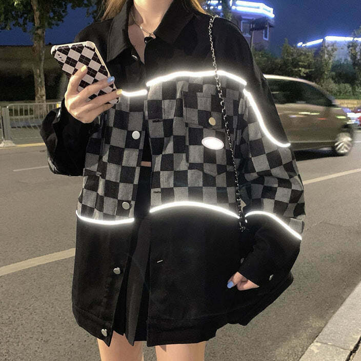 Reflective Checker Jacket - Y2K Grunge & Gothic Style for Trendy Night Outfits