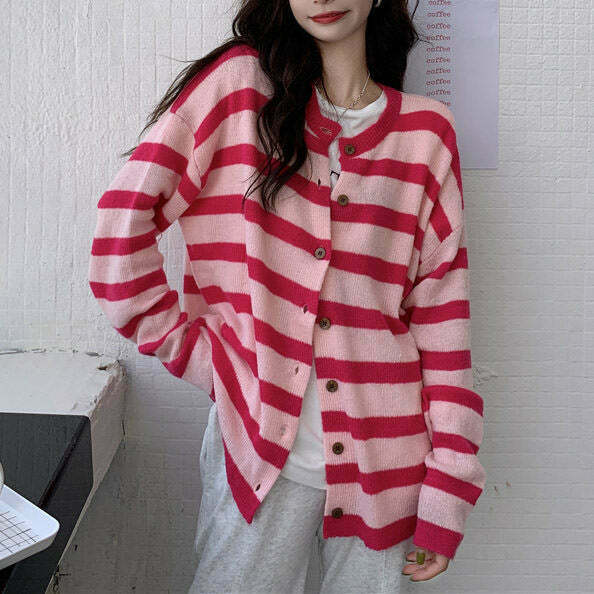 Retro Candy Crush Striped Cardigan - Fuzzy Y2K Style for Trendy Outfits and Grunge Looks