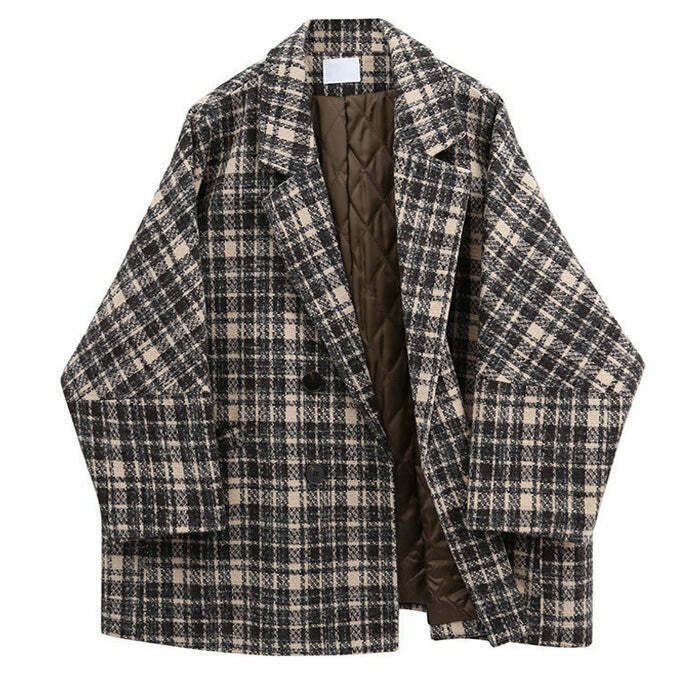 Retro Y2K Style Plaid Jacket with Corduroy Collar - Trendy Y2K Outfits for Summer