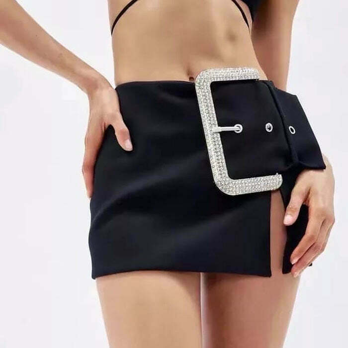 Rhinestone Buckle Mini Skirt - Y2K Fashion Statement for Trendy Grunge Style Lovers