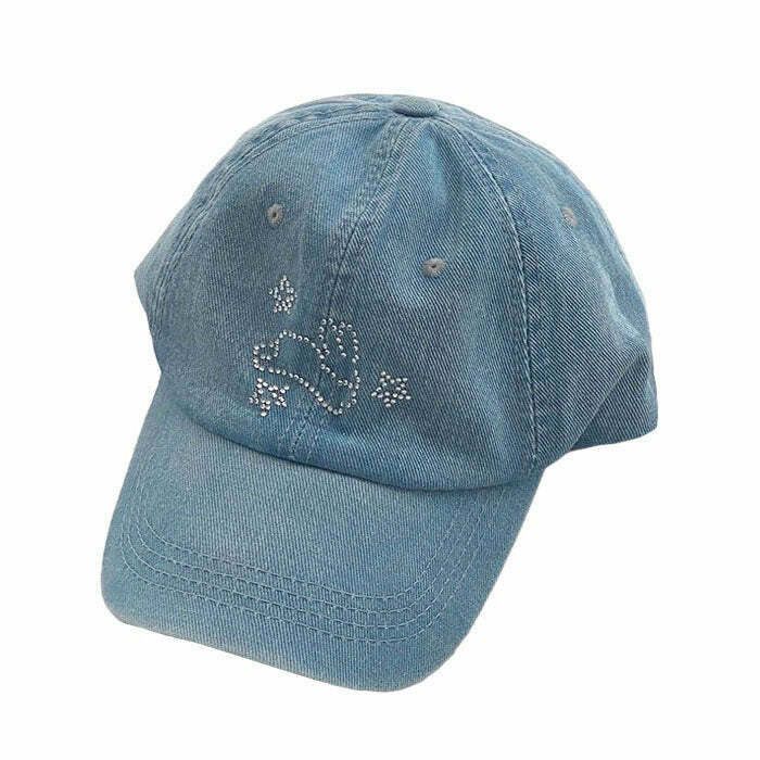 Rhinestone Bunny Y2K Denim Cap - Trendy Beanie for Y2K Fashion, Grunge & Skate Styles