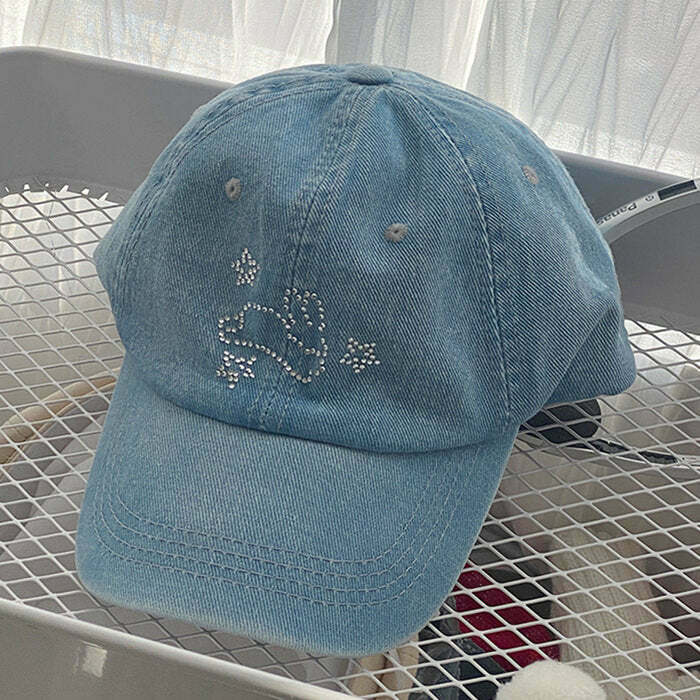 Rhinestone Bunny Y2K Denim Cap - Trendy Beanie for Y2K Fashion, Grunge & Skate Styles