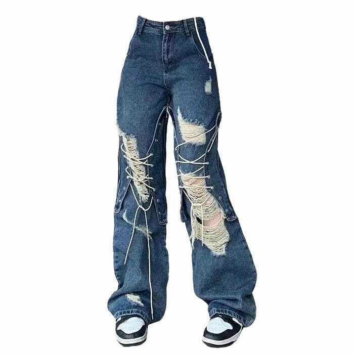 Ripped Lace Up Baggy Jeans for Trendy Kids - Y2K Style with Graphic and Star Designs