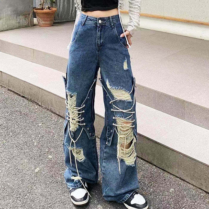 Ripped Lace Up Baggy Jeans for Trendy Kids - Y2K Style with Graphic and Star Designs