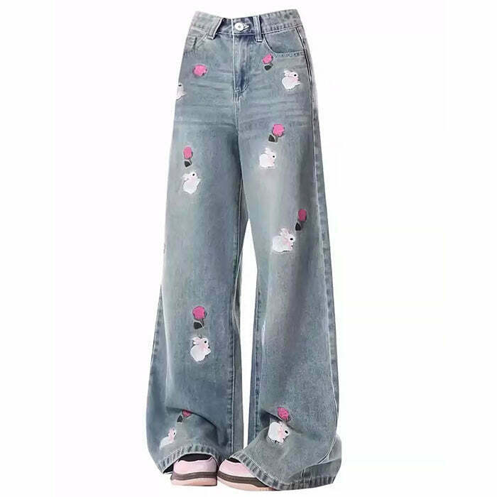 Rose and Bunny Embroidery Jeans for Preppy Y2K Outfits - Trendy Grunge & Casual Styles