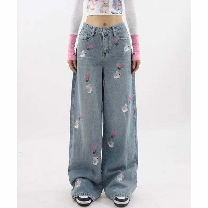 Rose and Bunny Embroidery Jeans for Preppy Y2K Outfits - Trendy Grunge & Casual Styles