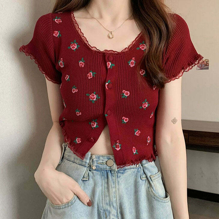 Rose Ribbed Button Up Top - Y2K Grunge Style for Trendy Summer Outfits & Skater Looks