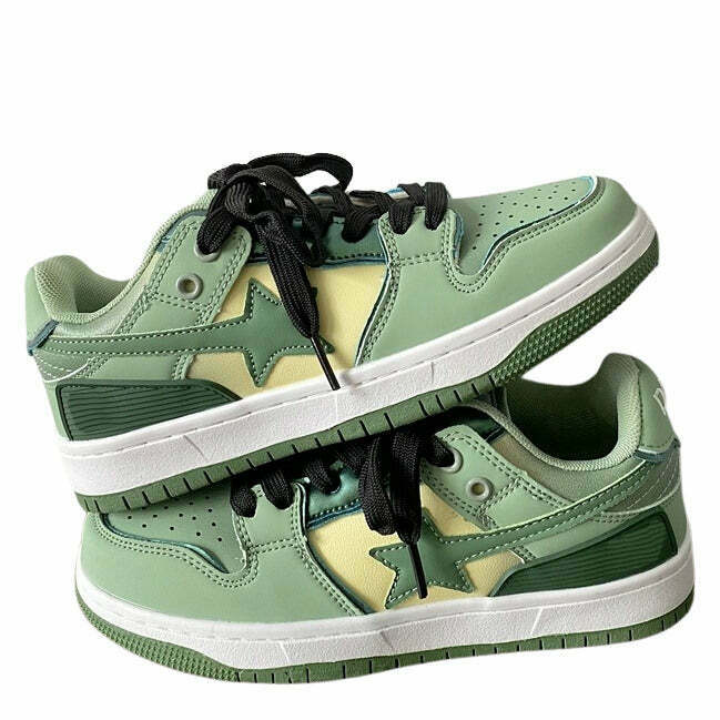 Sage Green Star Sneakers for Y2K Grunge Outfits - Retro Aesthetic Street Fashion Footwear