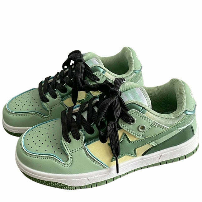 Sage Green Star Sneakers for Y2K Grunge Outfits - Retro Aesthetic Street Fashion Footwear