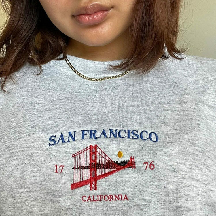 San Francisco Embroidery Sweatshirt - Trendy Y2K Grunge Top for Stylish Outfits 2024