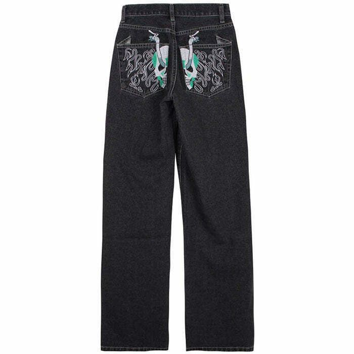 Skeleton Embroidery Jeans for Y2K Fashion: Trendy Cyber Style & Unique Outfits