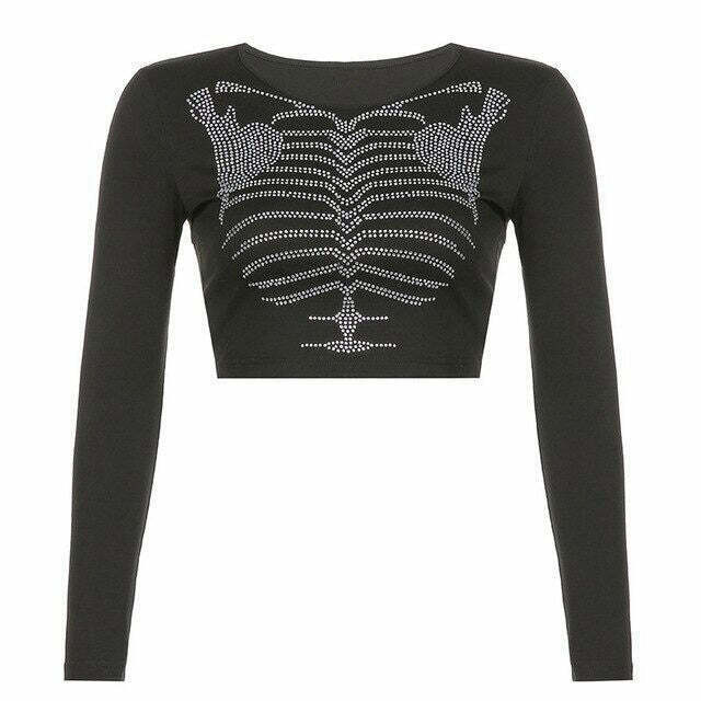 Skeleton Rhinestone Long Sleeve Top - Y2K Grunge Shirt for Retro Style Fashion Lovers