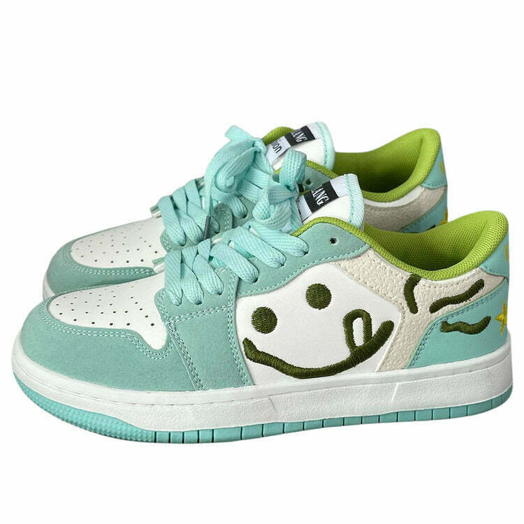 Smiling Face Embroidery Mint Green Sneakers for Y2K Fashion and 90's Inspired Outfits