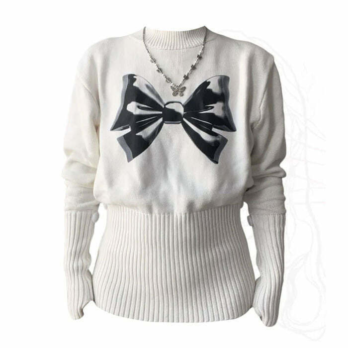 Soft Girl Aesthetic Bow Jumper - Trendy Y2K Grunge Outfit for Retro Fall Fashion