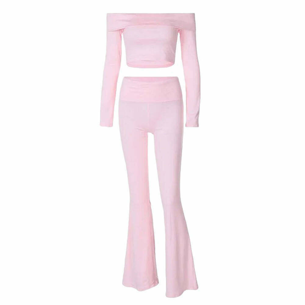 Soft Girl Bardot Top & Flare Pants Co-Ord Set - Y2K Grunge Fashion for Trendy Looks