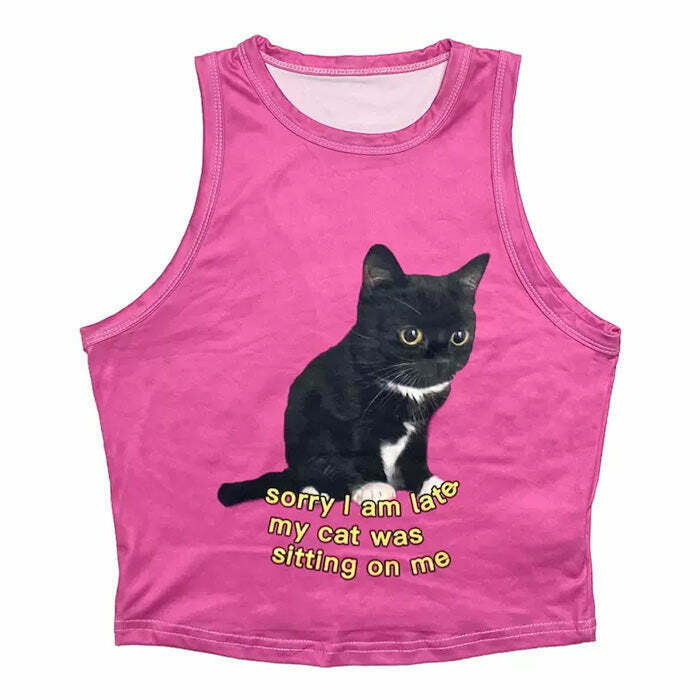 Sorry I'm Late My Cat Was Sitting On Me Tee - Y2K Bandana Style Cat T-Shirt for Trendy Fashion