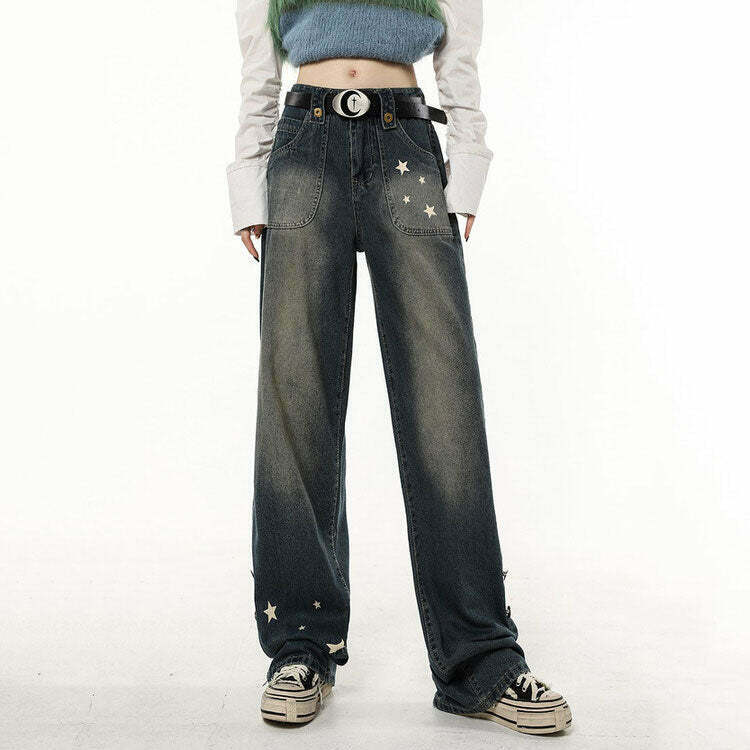 Star Child Y2K Wide Leg Jeans - Trendy Grunge Style for Fashion-Forward Outfits