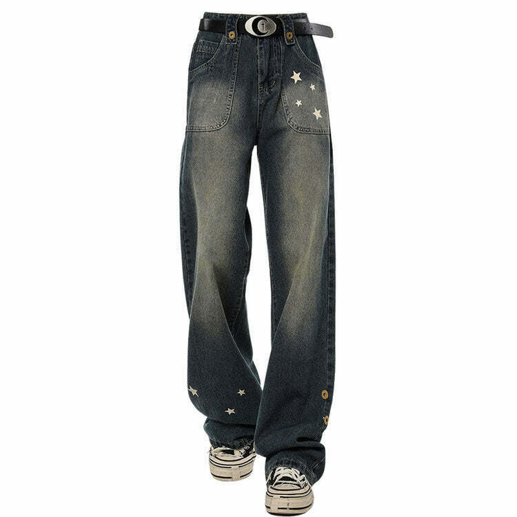 Star Child Y2K Wide Leg Jeans - Trendy Grunge Style for Fashion-Forward Outfits