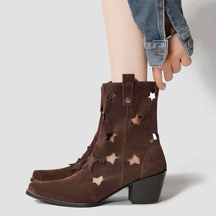 Star Cut Out Cowboy Boots for Y2K Emo Grunge Style - Trendy Indie Footwear for Fashion Lovers