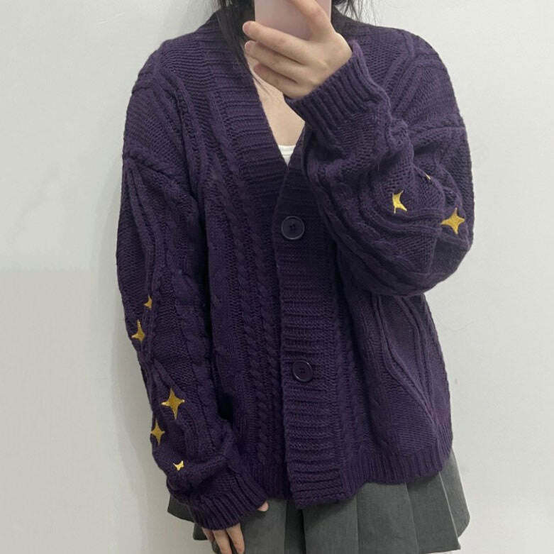 Star Embroidery Purple Cardigan - Y2K Grunge Fashion for Trendy Style Enthusiasts